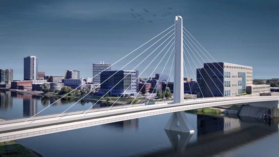 Rendering of a cable-stayed bridge over a river with the Cedar Rapids skyline in the background.