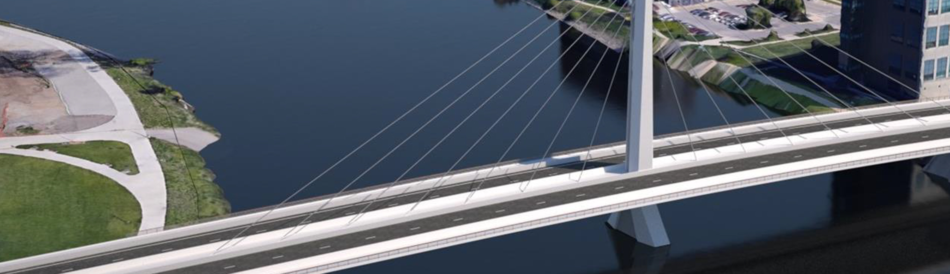 Rendering of a cable-stayed bridge over a body of water.